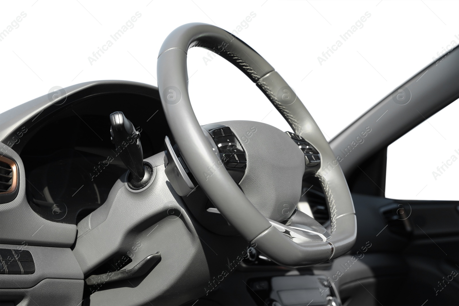 Image of Steering wheel and dashboard in modern car. White background