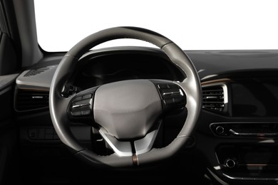 Image of Steering wheel and dashboard in modern car. White background