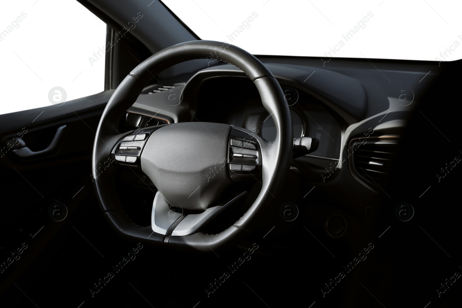 Image of Steering wheel and dashboard in modern car. White background