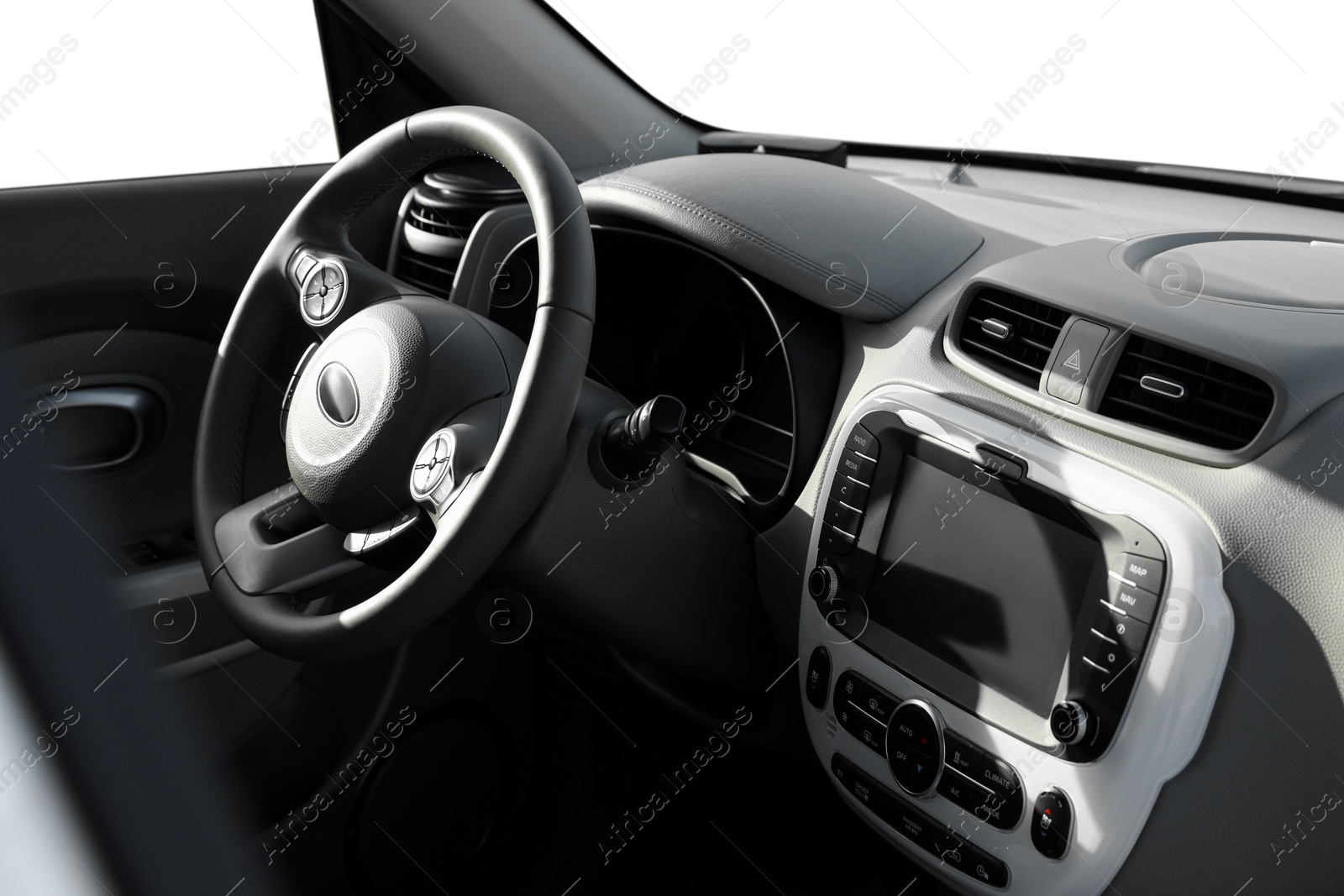 Image of Steering wheel and dashboard in modern car. White background