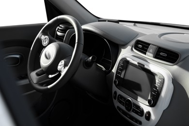 Image of Steering wheel and dashboard in modern car. White background