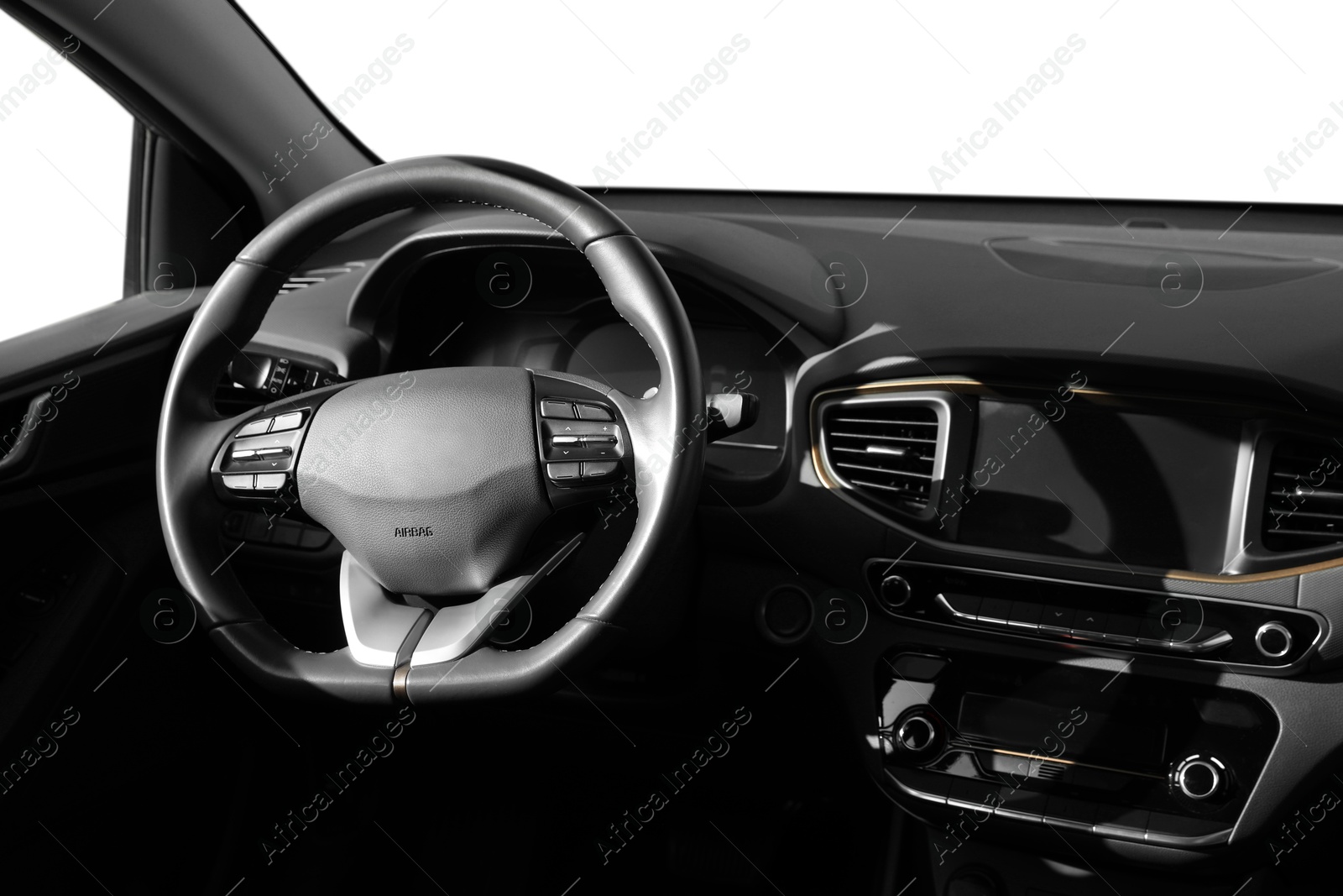 Image of Steering wheel and dashboard in modern car. White background