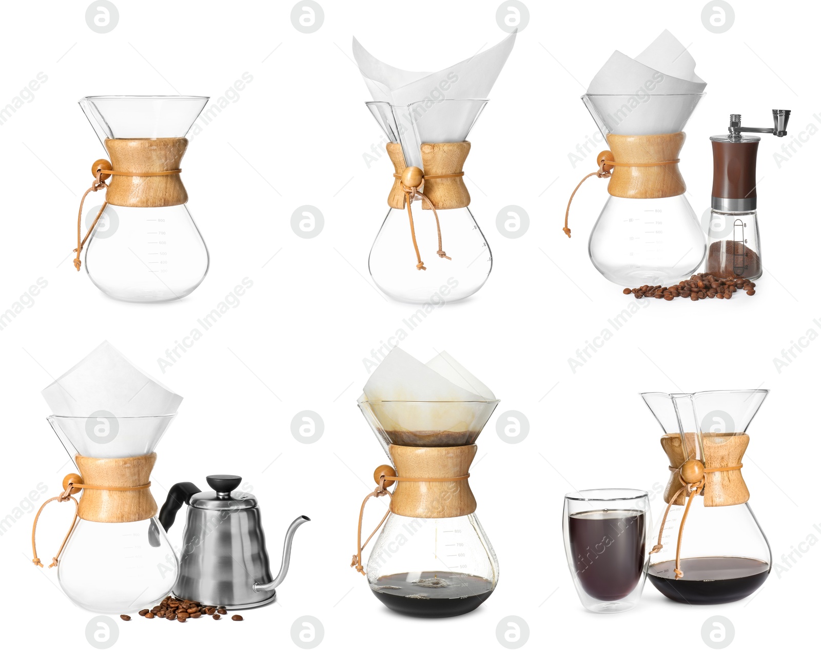 Image of Pour-over glass coffeemaker with filter isolated on white, collage