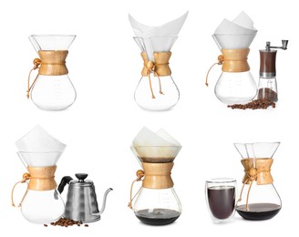 Image of Pour-over glass coffeemaker with filter isolated on white, collage