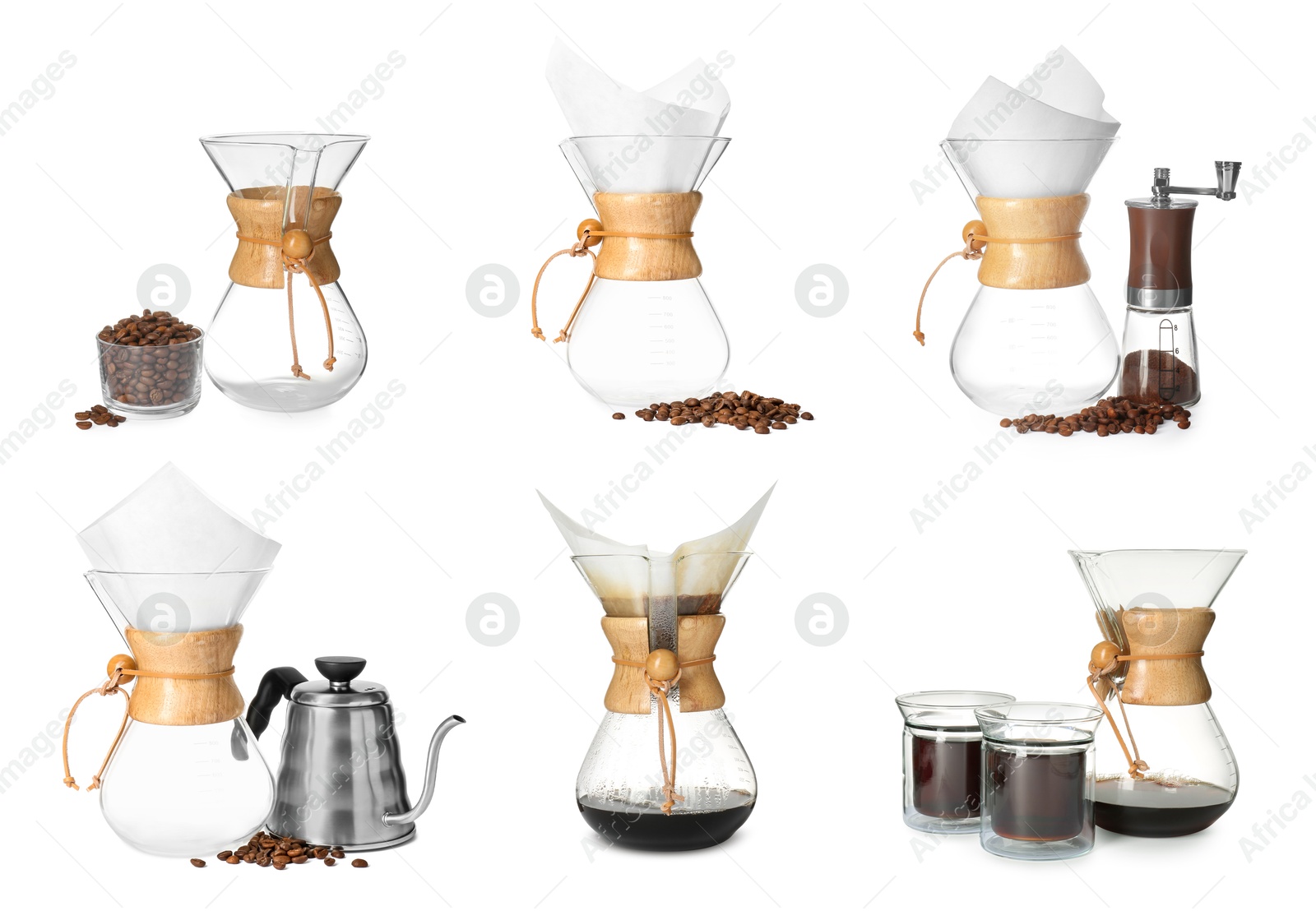 Image of Pour-over glass coffeemaker with filter isolated on white, collage