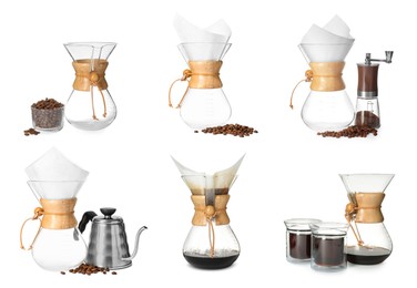 Image of Pour-over glass coffeemaker with filter isolated on white, collage