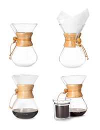 Image of Pour-over glass coffeemaker with filter isolated on white, collage