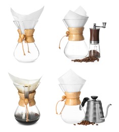 Image of Pour-over glass coffeemaker with filter isolated on white, collage