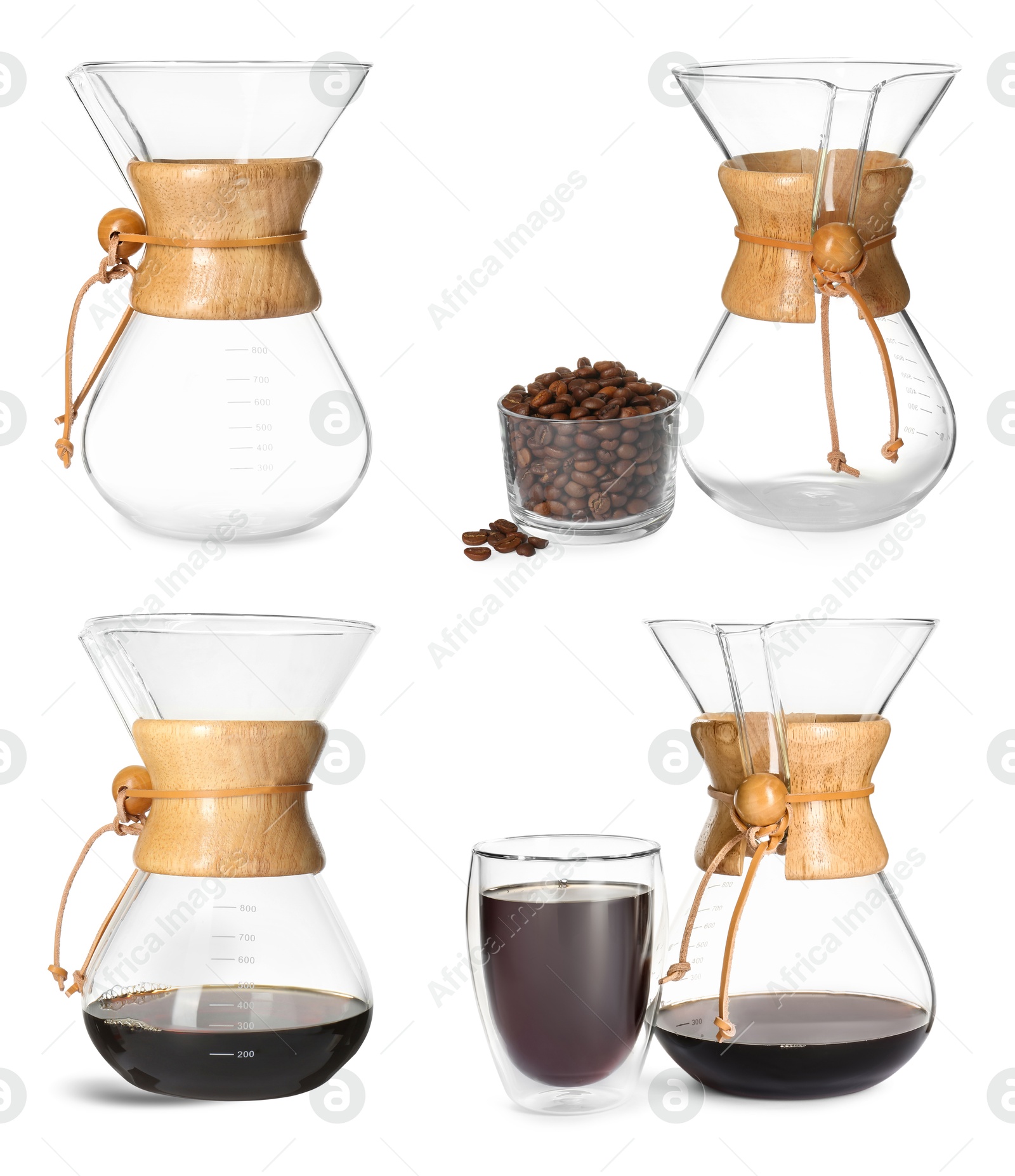 Image of Pour-over glass coffeemaker with filter isolated on white, collage