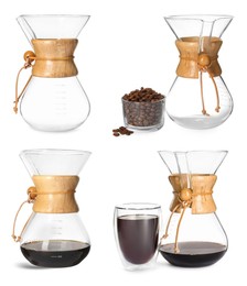 Image of Pour-over glass coffeemaker with filter isolated on white, collage