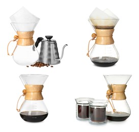 Image of Pour-over glass coffeemaker with filter isolated on white, collage