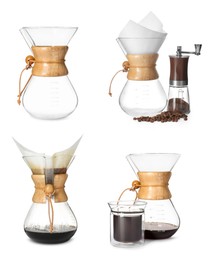 Image of Pour-over glass coffeemaker with filter isolated on white, collage