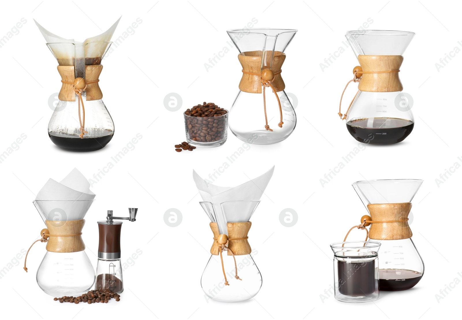 Image of Pour-over glass coffeemaker with filter isolated on white, collage