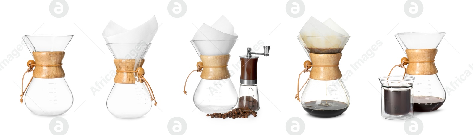 Image of Pour-over glass coffeemaker with filter isolated on white, collage