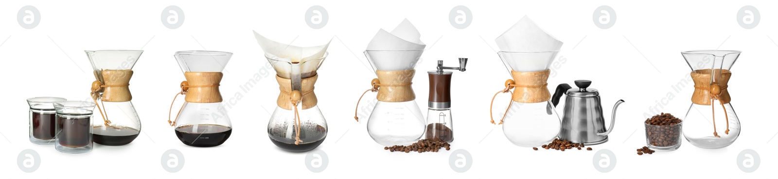 Image of Pour-over glass coffeemaker with filter isolated on white, collage