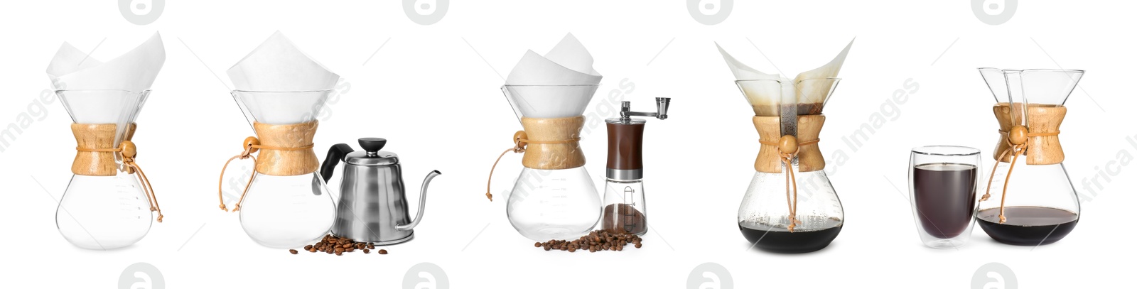 Image of Pour-over glass coffeemaker with filter isolated on white, collage