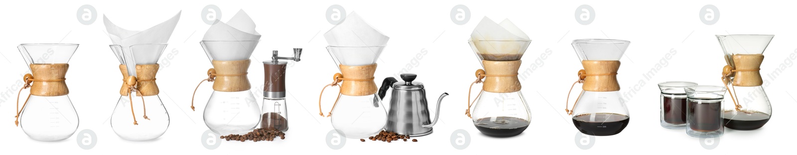 Image of Pour-over glass coffeemaker with filter isolated on white, collage