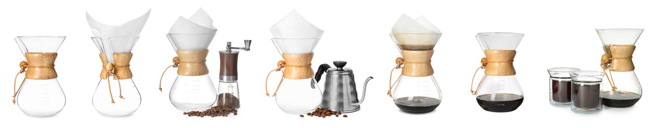 Image of Pour-over glass coffeemaker with filter isolated on white, collage