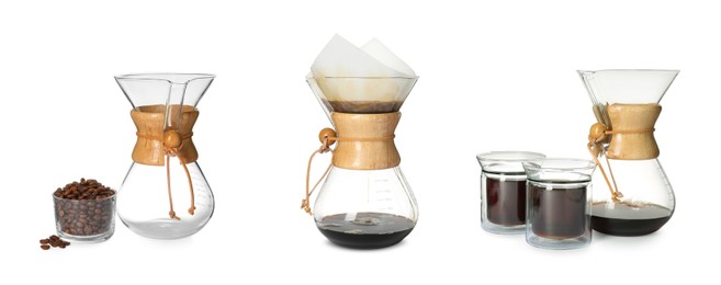 Image of Pour-over glass coffeemaker with filter isolated on white, collage