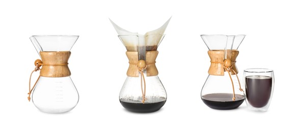 Image of Pour-over glass coffeemaker with filter isolated on white, collage