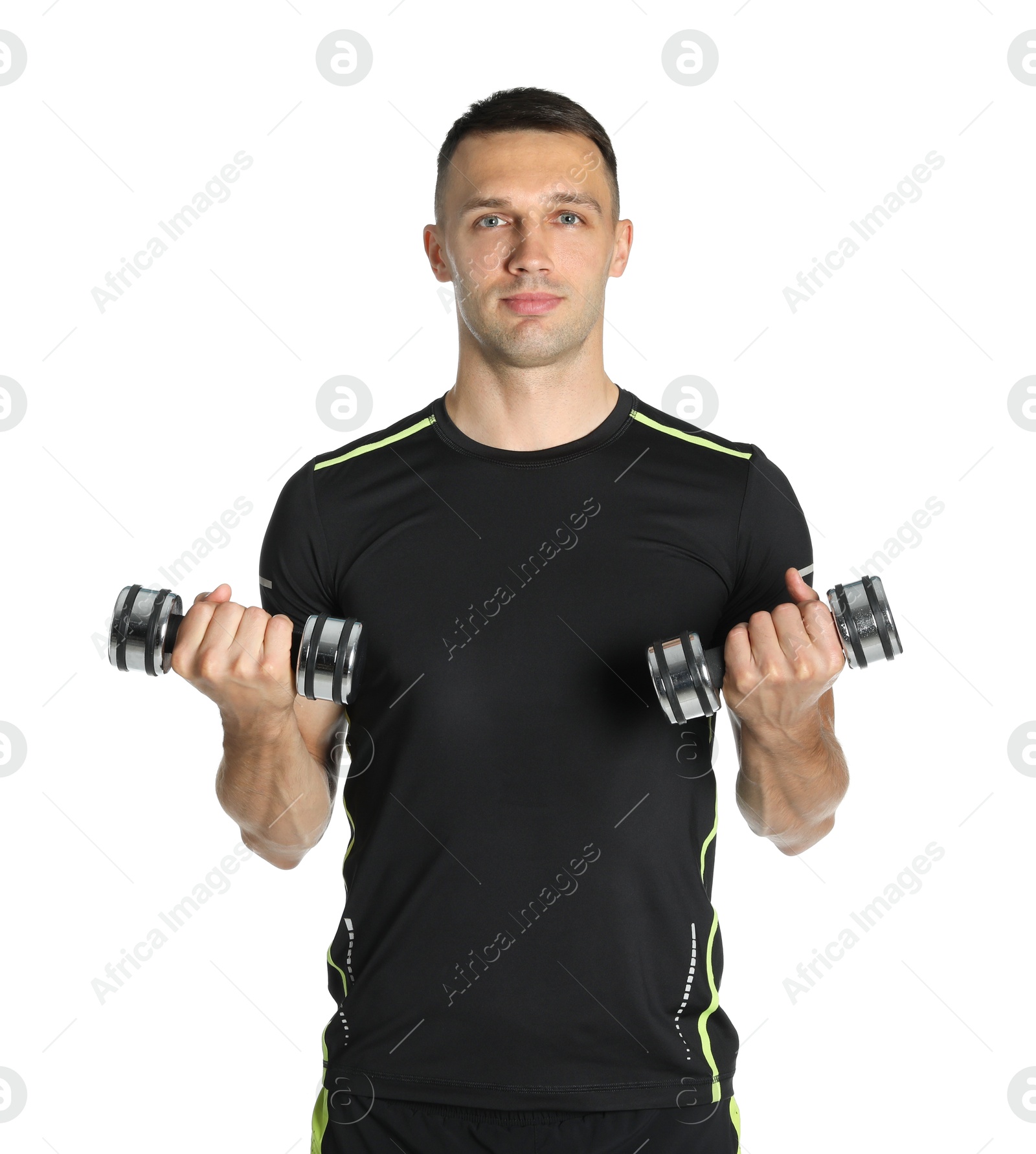 Photo of Man exercising with dumbbells on white background