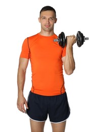 Photo of Man exercising with barbell on white background