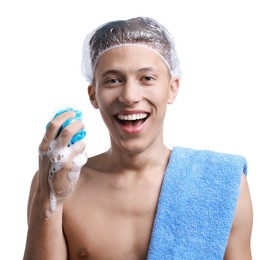 Photo of Happy man in shower cap with towel and mesh sponge on white background