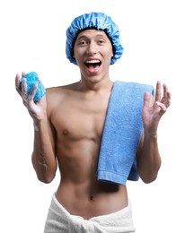 Photo of Happy man with shower cap, towels and mesh sponge on white background