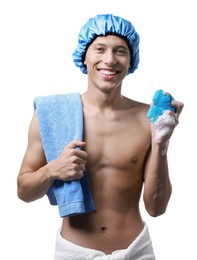 Photo of Happy man with shower cap, towels and mesh sponge on white background