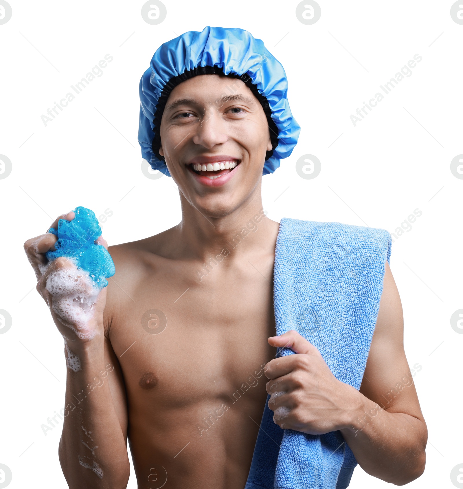 Photo of Happy man in shower cap with towel and mesh sponge on white background