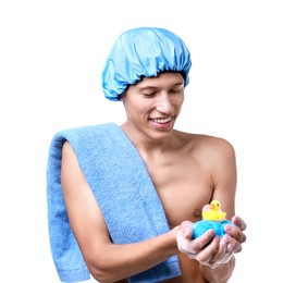 Photo of Happy man with shower cap, towel, bath duck and mesh sponge on white background