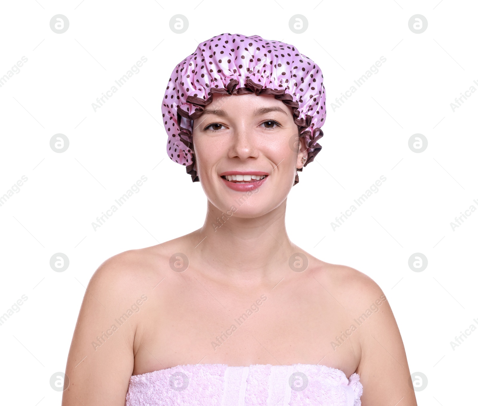 Photo of Woman in pink shower cap on white background