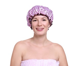 Photo of Woman in pink shower cap on white background