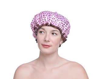 Photo of Woman in pink shower cap on white background