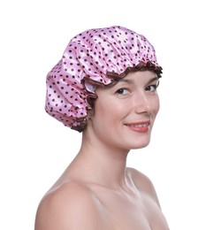 Photo of Woman in pink shower cap on white background