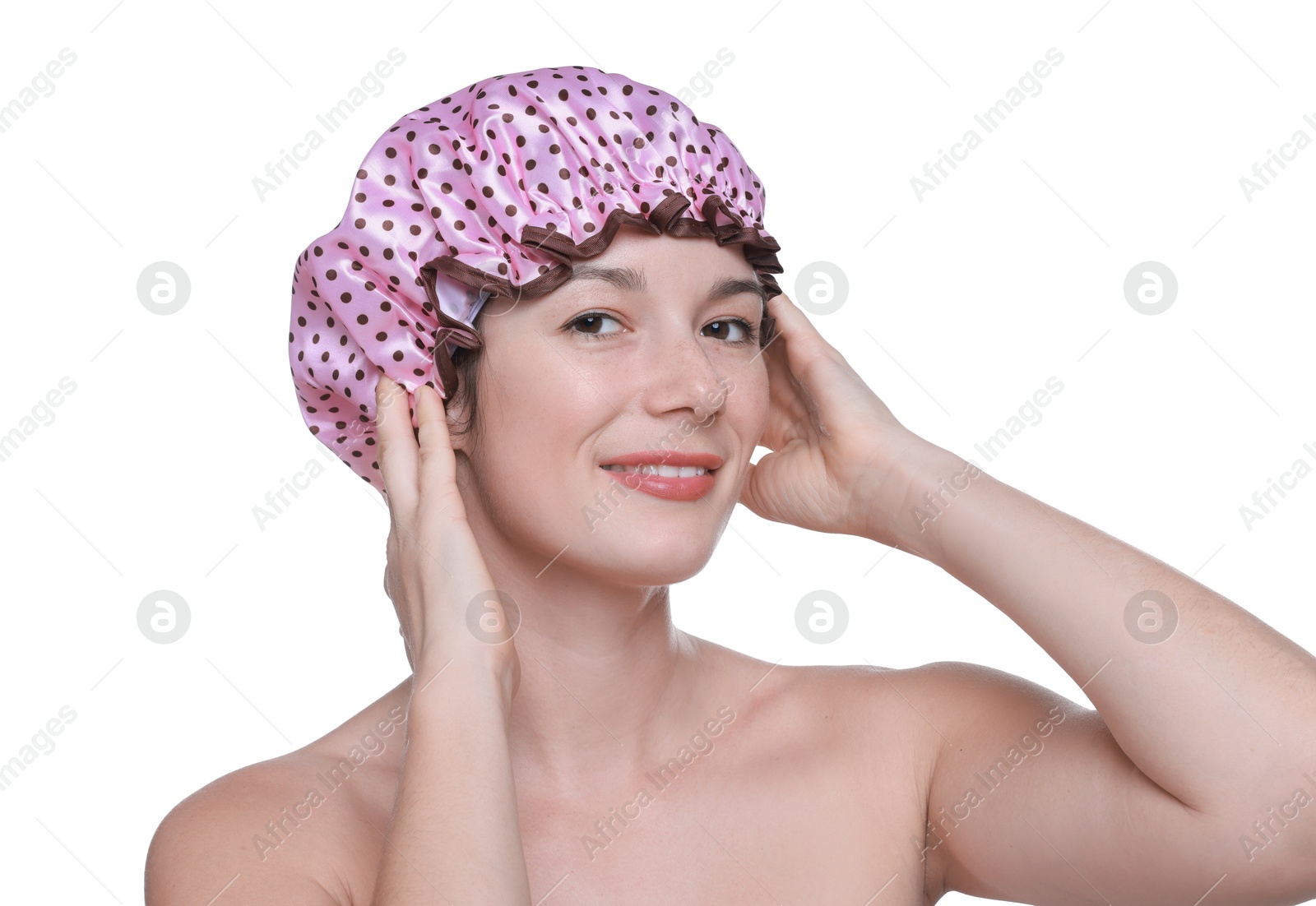 Photo of Woman wearing pink shower cap on white background