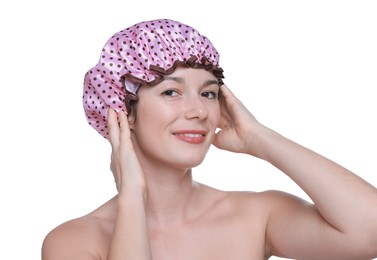 Photo of Woman wearing pink shower cap on white background