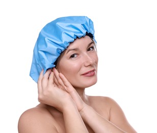 Photo of Woman wearing blue shower cap on white background