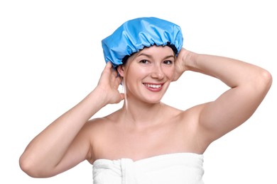 Photo of Woman wearing blue shower cap on white background