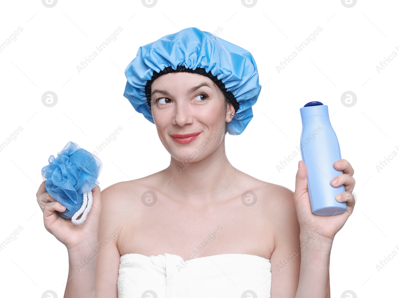 Photo of Woman with blue shower cap, mesh sponge and shampoo on white background