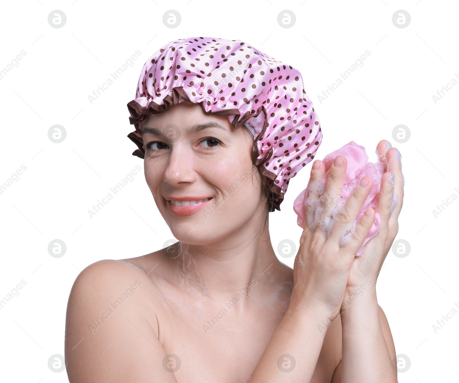 Photo of Woman with shower cap and mesh sponge on white background