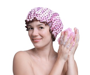 Photo of Woman with shower cap and mesh sponge on white background