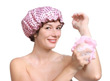 Photo of Woman with shower cap and mesh sponge on white background