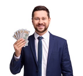 Photo of Portrait of banker with dollar banknotes on white background