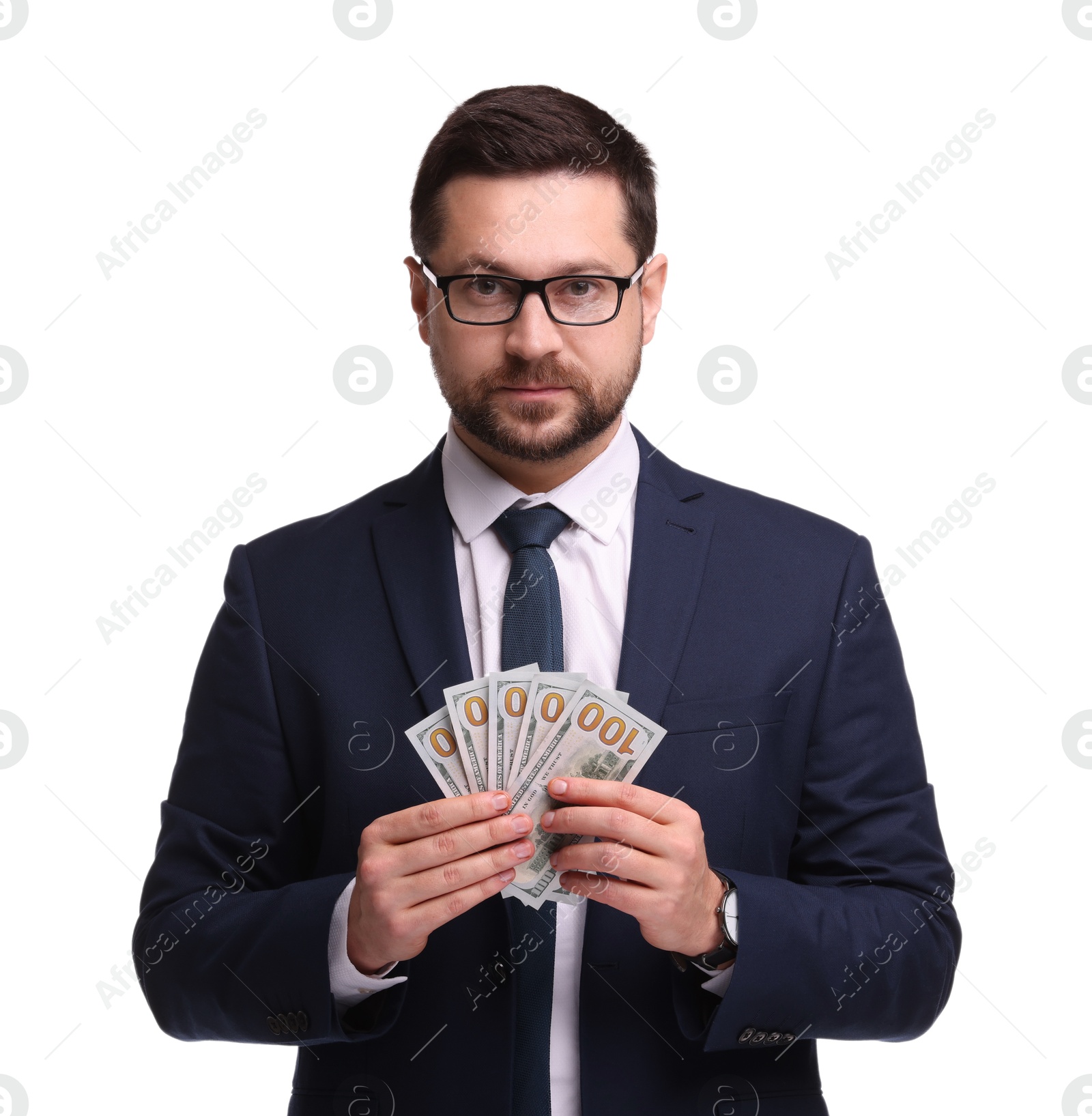 Photo of Portrait of banker with dollar banknotes on white background