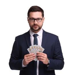 Photo of Portrait of banker with dollar banknotes on white background