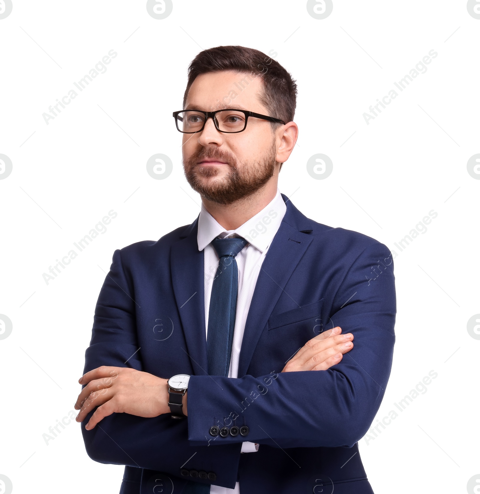 Photo of Portrait of banker in glasses on white background