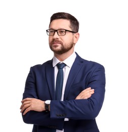 Photo of Portrait of banker in glasses on white background