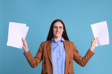 Photo of Banker with documents on light blue background