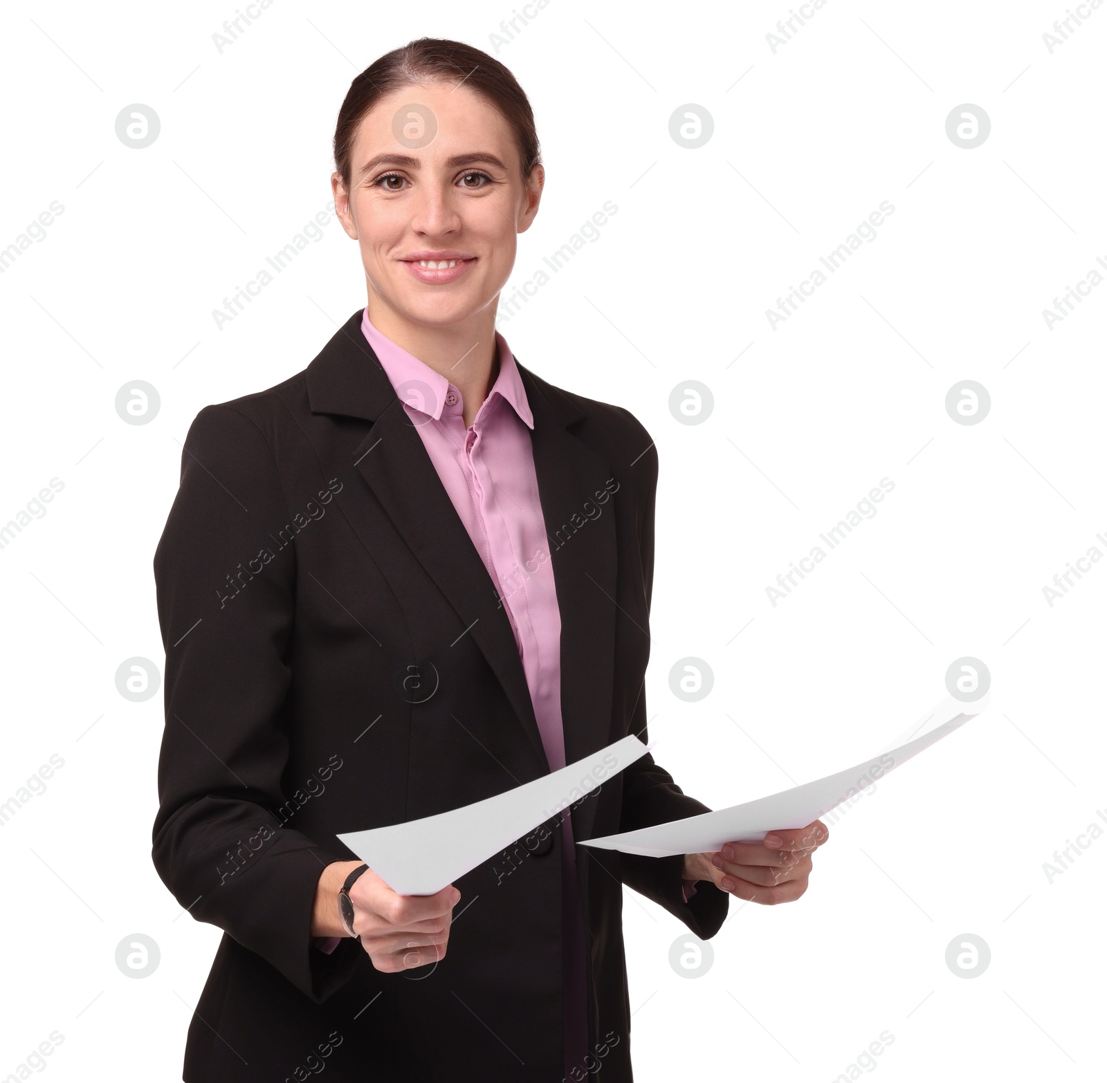 Photo of Portrait of banker with documents on white background